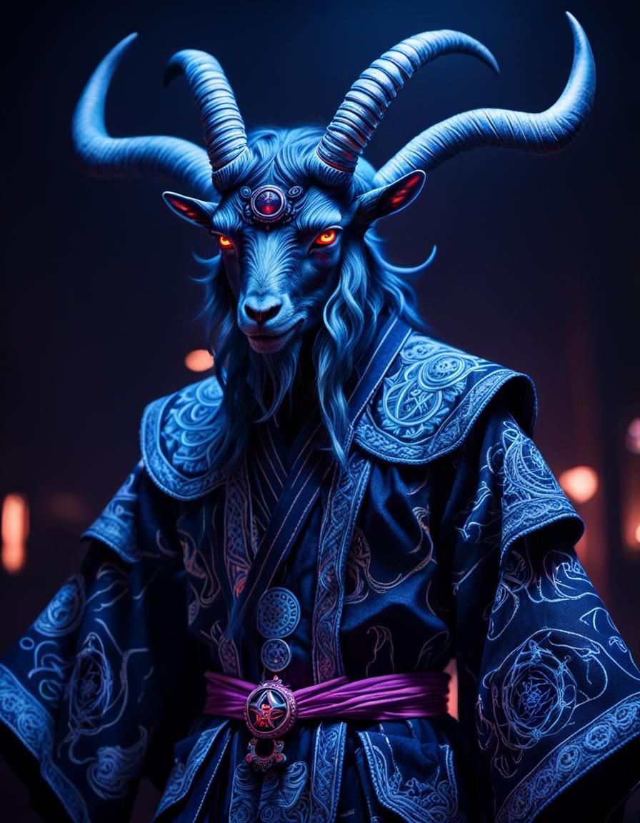 Neon Baphomet: Occult Goat Man in Kimono