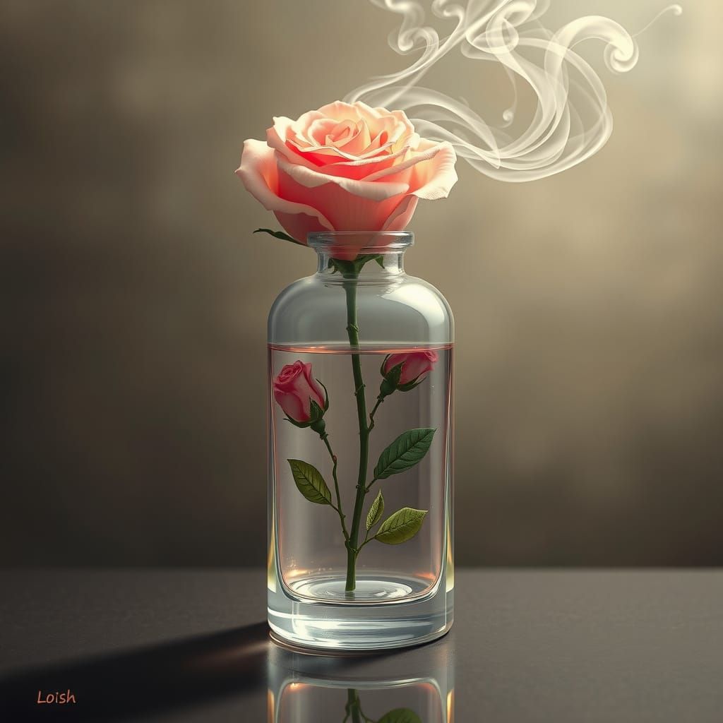 Ethereal Rose in Crystal Vase, Art Nouveau Style