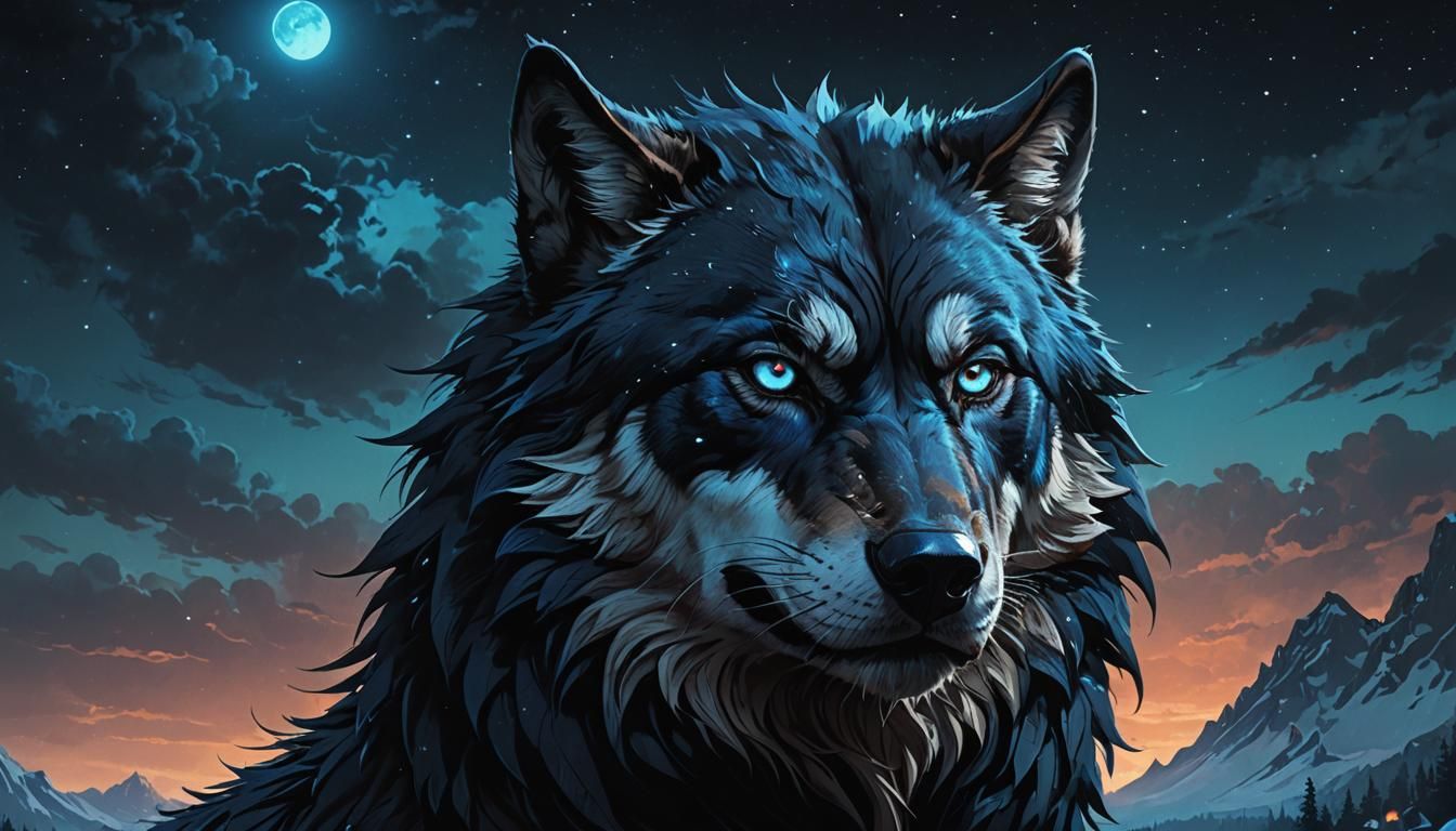 Majestic Obsidian Wolf with Glowing Eyes in Dark Fantasy