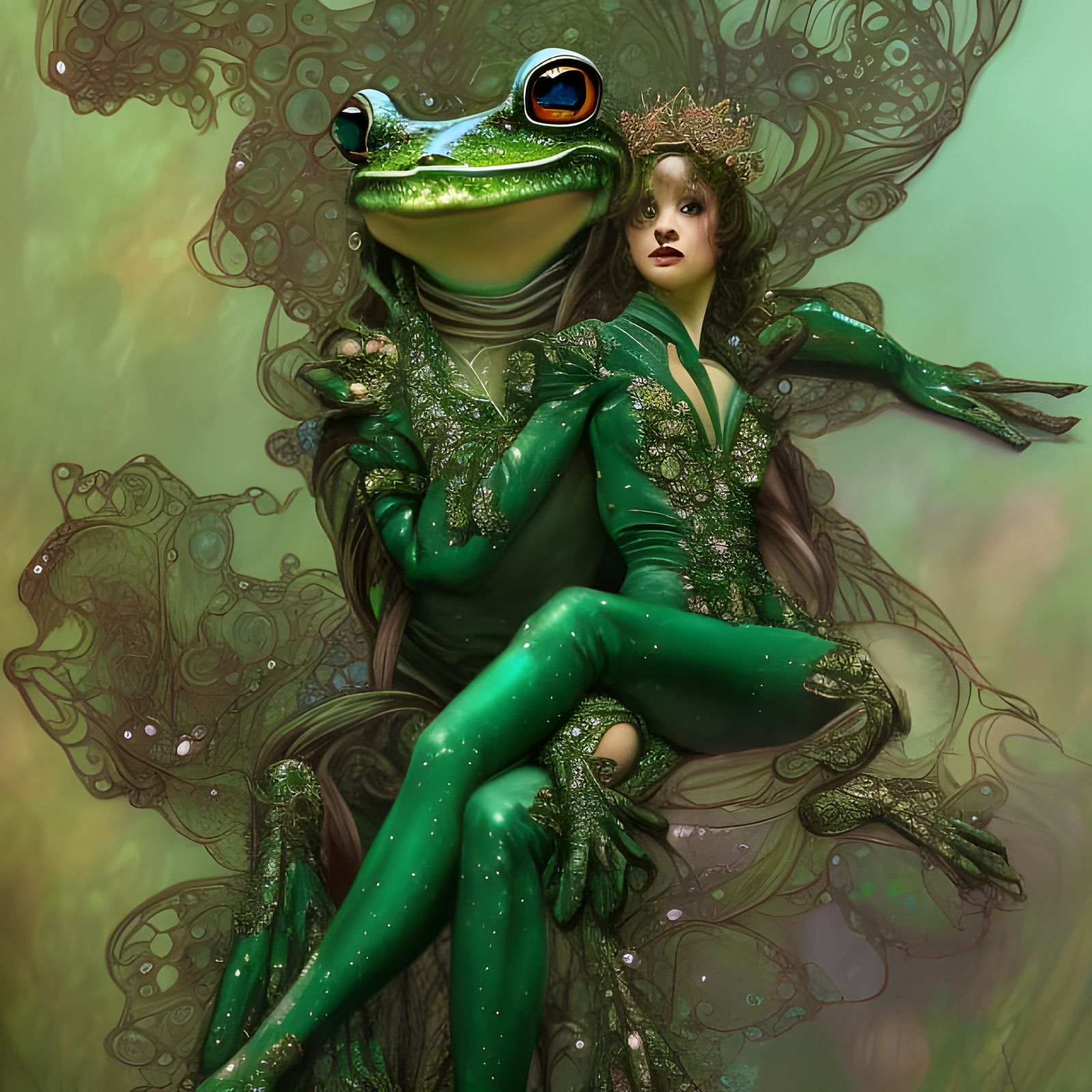 Frog Prince in Emerald Suit: Iridescent Fractal Art