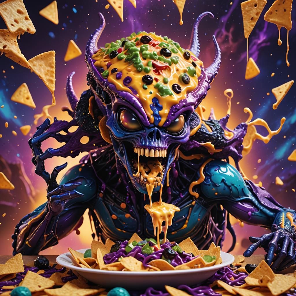 Alien Eating Nachos in Splash Art Style