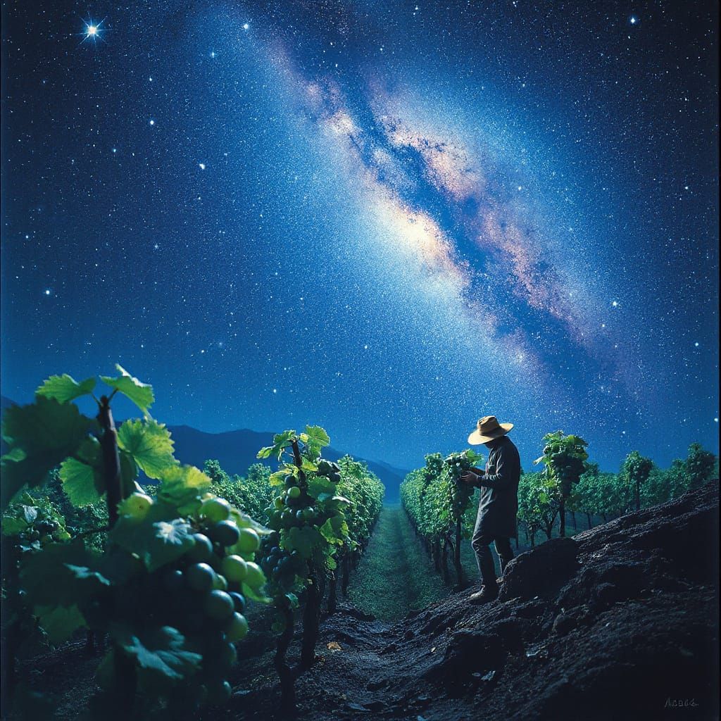 Celestial Vineyard Scene in Surrealist Style