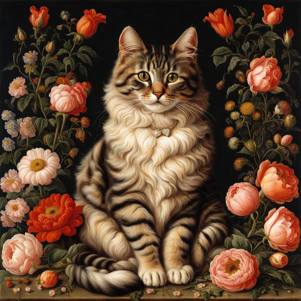Cute Cat Surrounded by Flowers in Renaissance Style