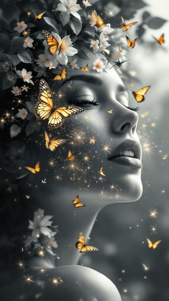 Ethereal Woman in Musical Paradise Portrait