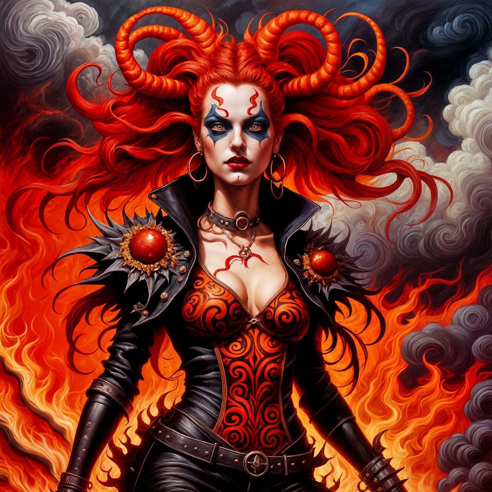 Fiery Ram-Horned Woman in a Tornado, Detailed Oil Painting