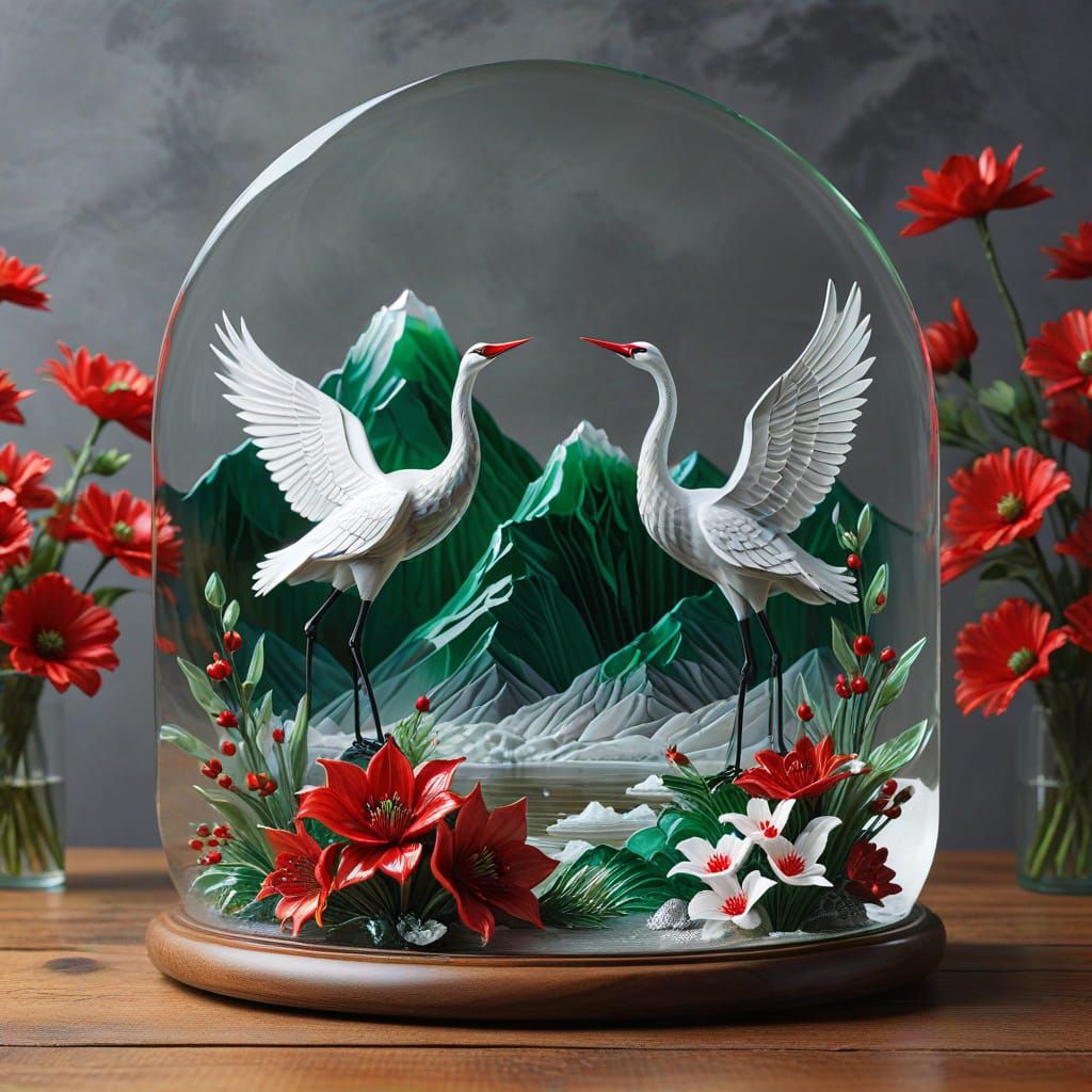 Glass Mountain Sculpture with Cranes and Flowers
