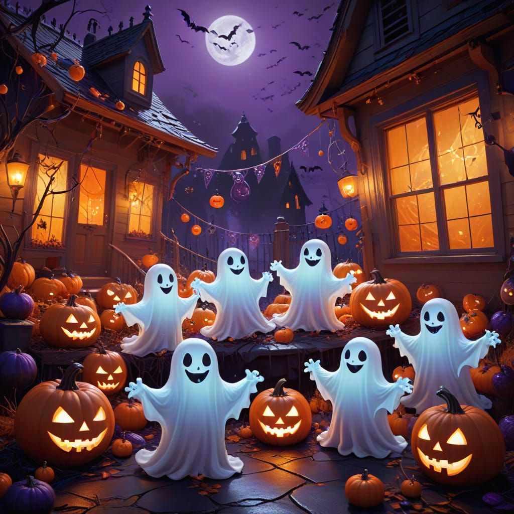 Whimsical Halloween Party with Ghosts and Jack-o'-Lanterns