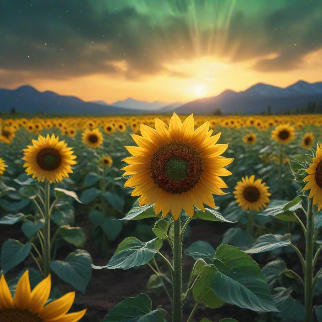 Aurora Borealis Over Sunflower Field as Digital Art