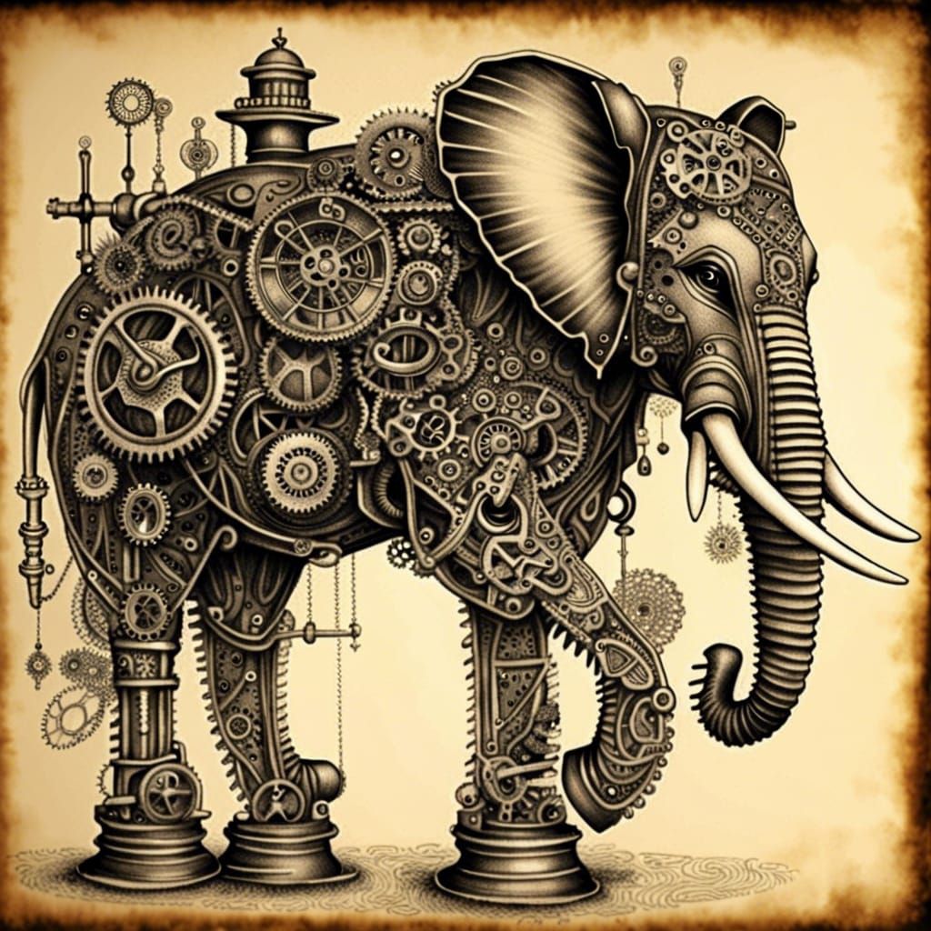 Steampunk Elephant in Da Vinci Pen & Ink Style