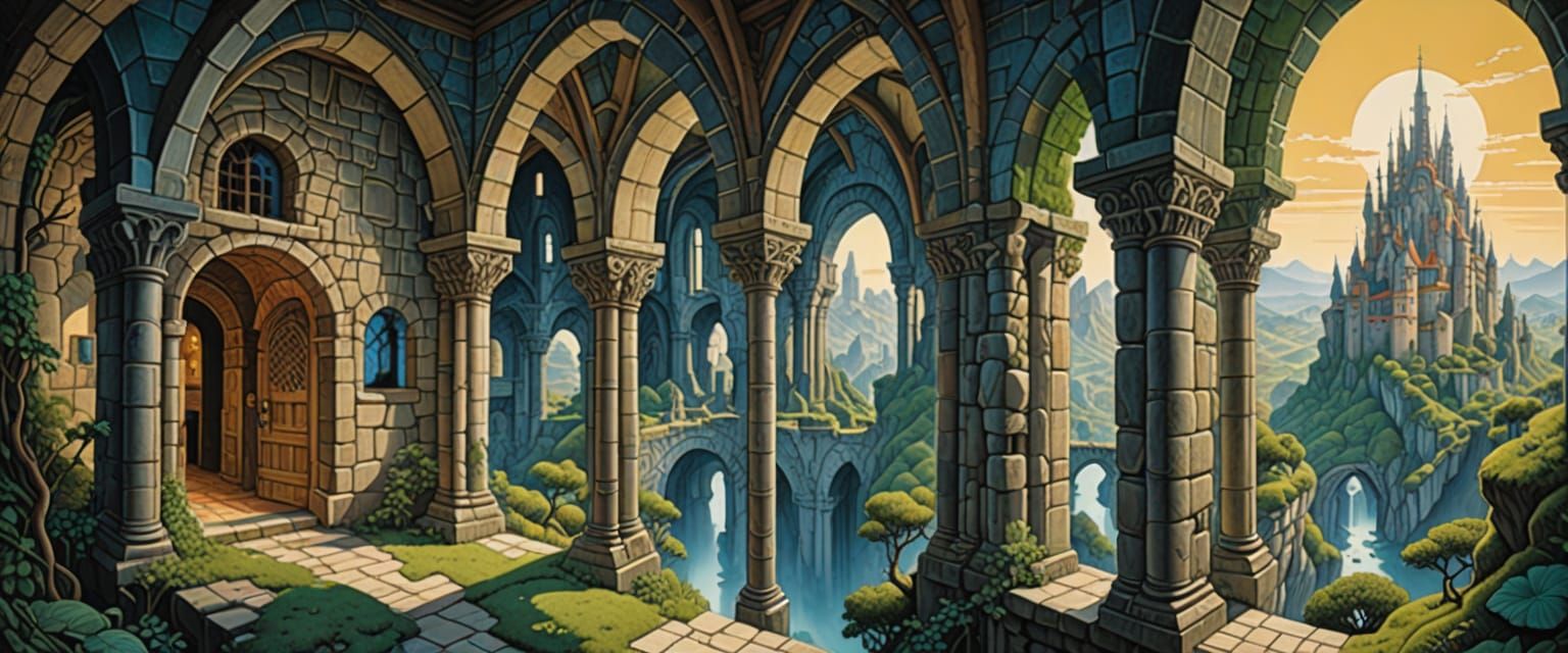 Enchanting Dungeon Passageway in Vibrant Pastel Gouache