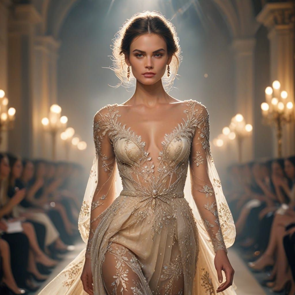 Ethereal Fashion Model Struts Down Runway in Luxurious Haute...