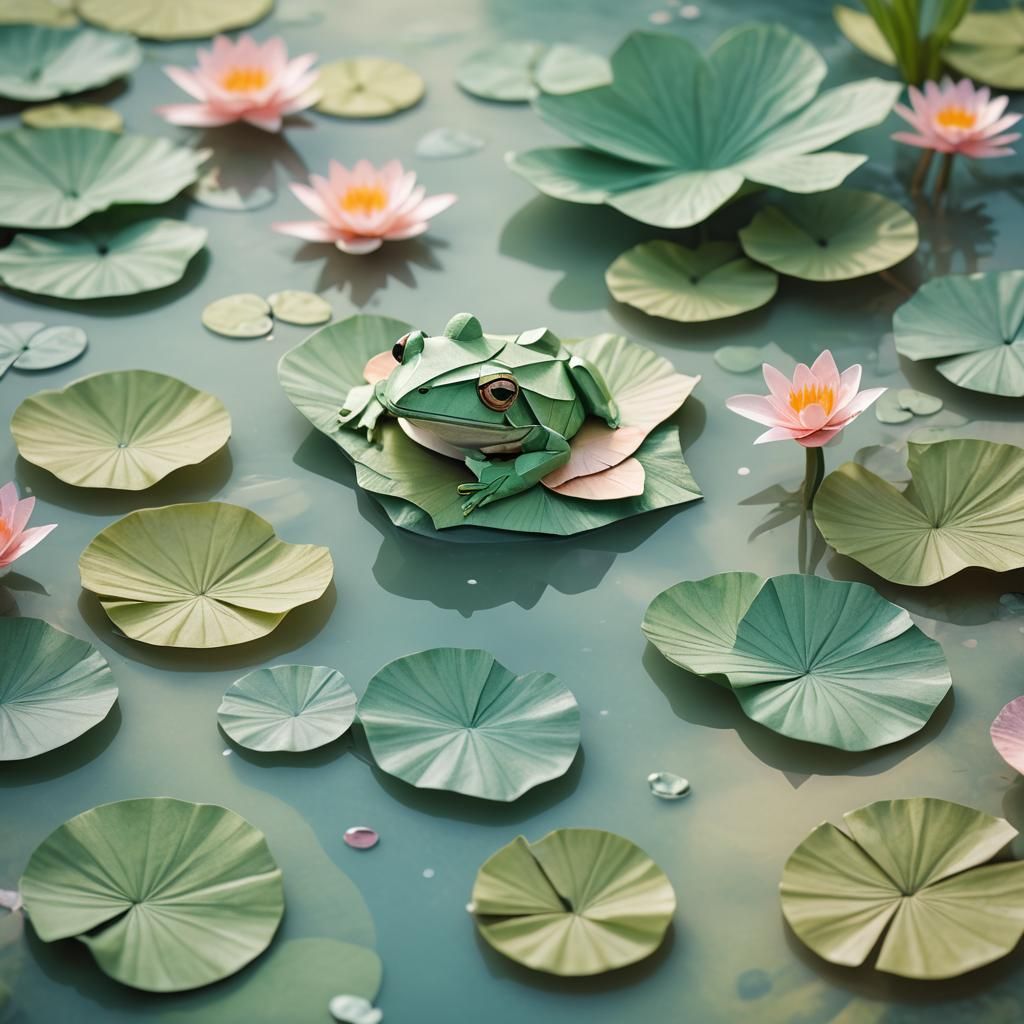 Origami Frog in Pond: Detailed Paper Art