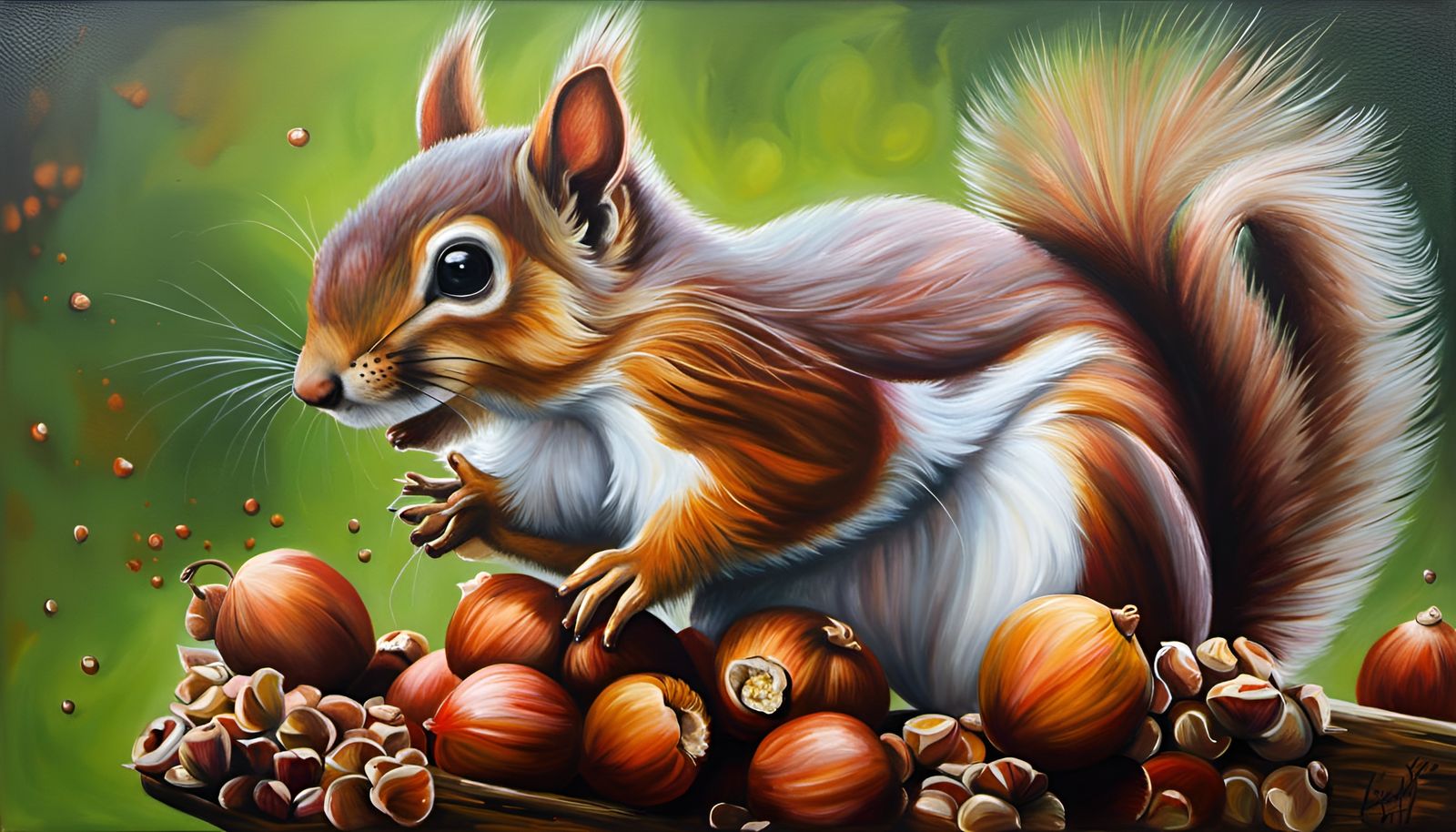 Supercute Squirrel Hoarding Hazelnuts: Oil on Canvas