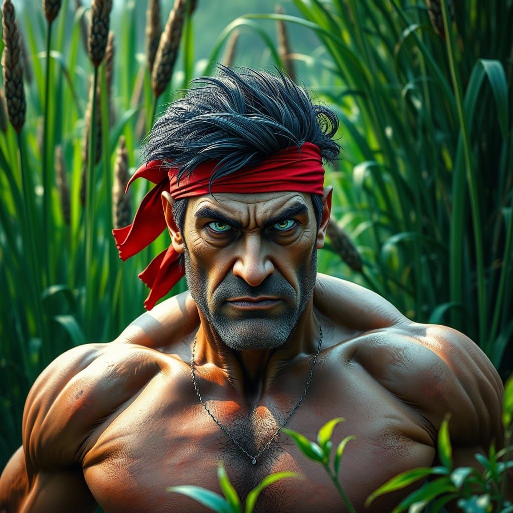 Muscular Warrior in Epic Fantasy Landscape