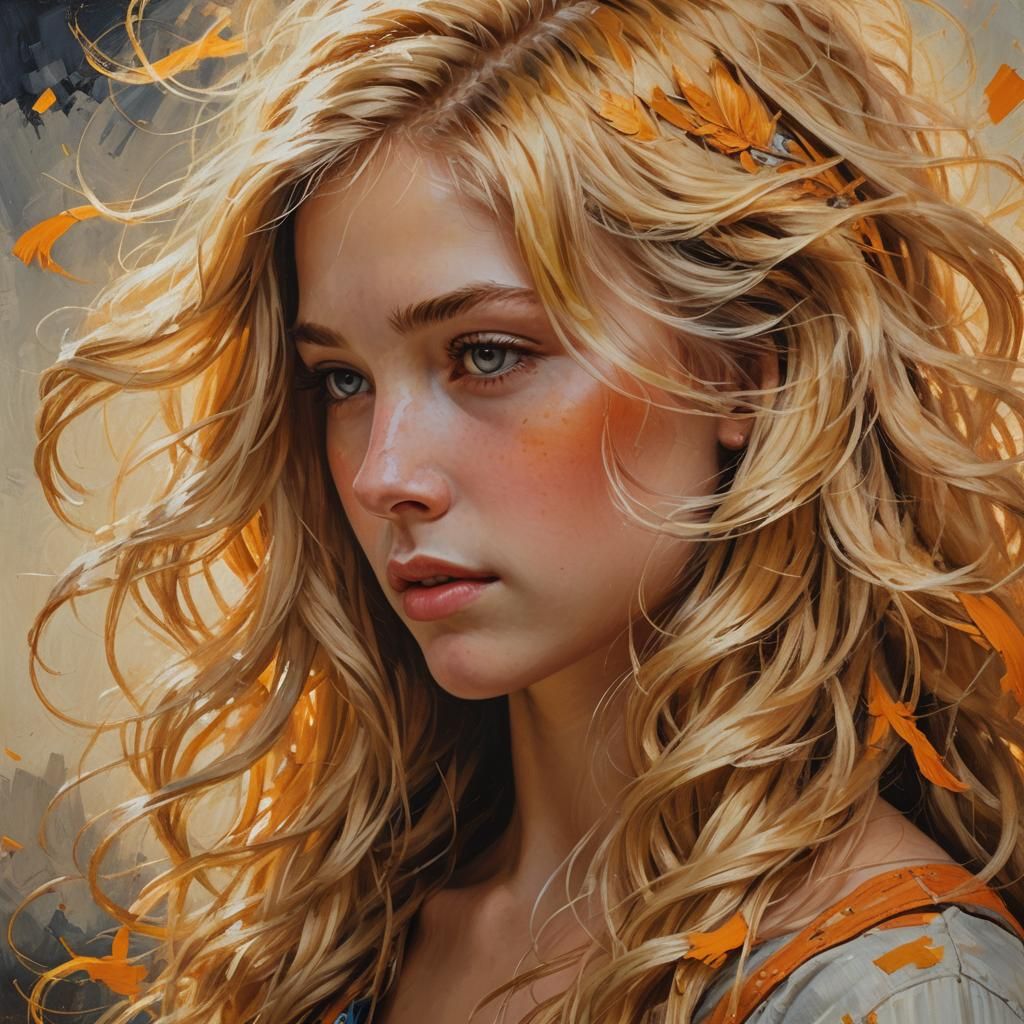 Blonde Girl Portrait with Flying Hair, Oil Painting