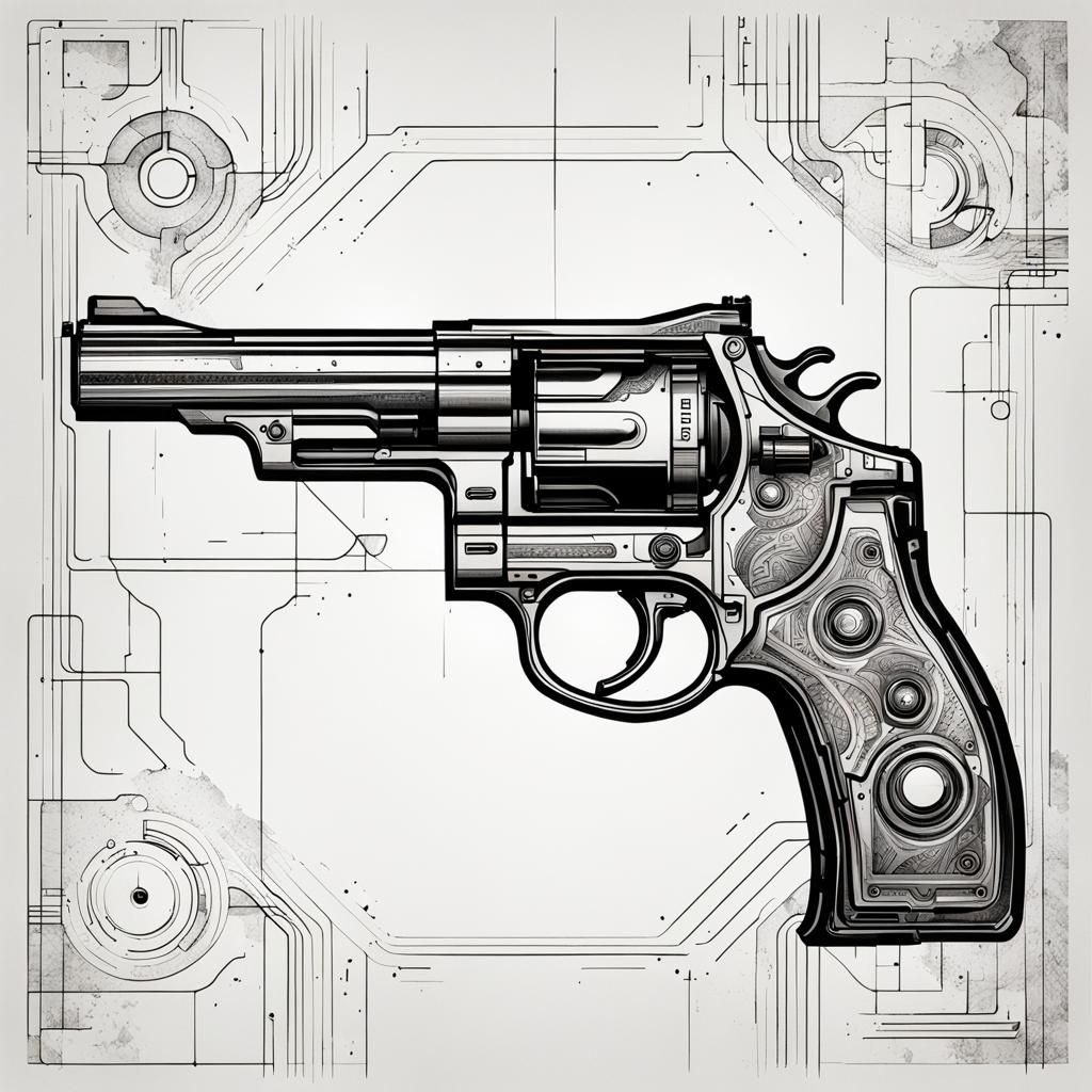 Retro Sci-Fi Revolver Line Art Illustration
