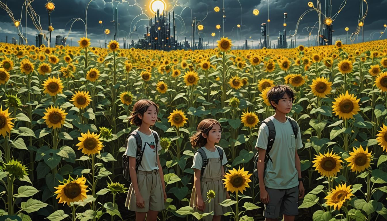 Cyberpunk Sunflower Field Dystopia