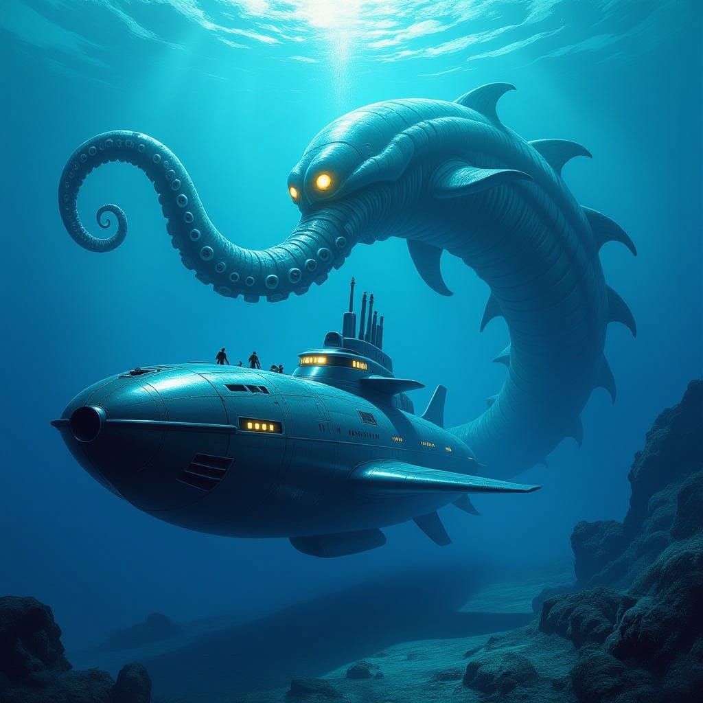Sleek Submarine Ambushed by Colossal Sea Monster in Futurist...