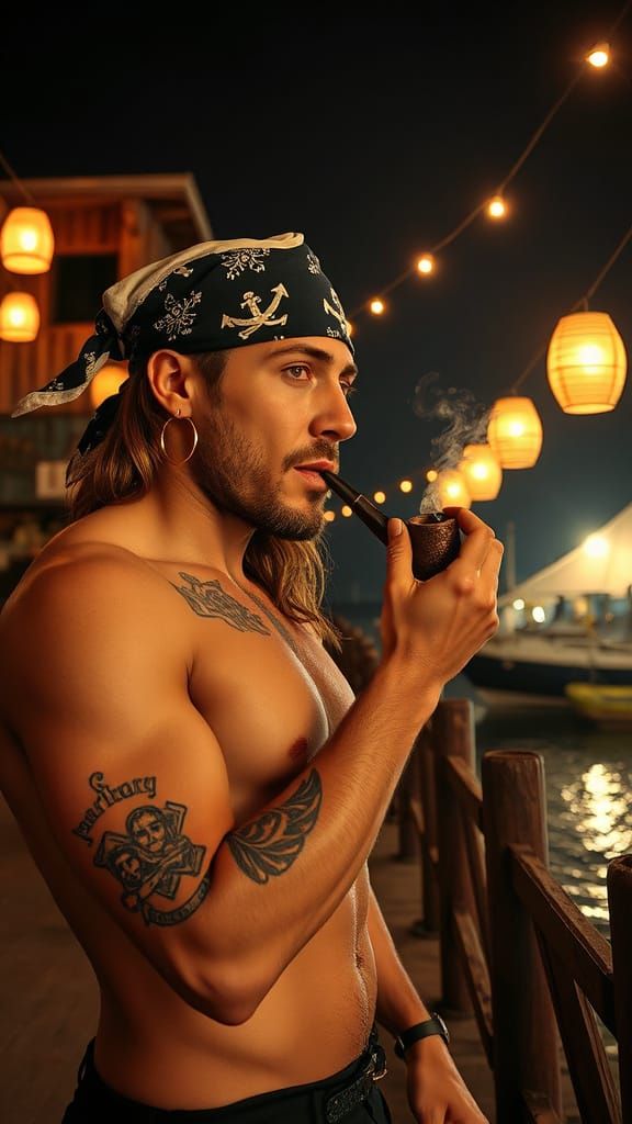 Medieval Sailor at Seaside Tavern Under Starry Night Sky