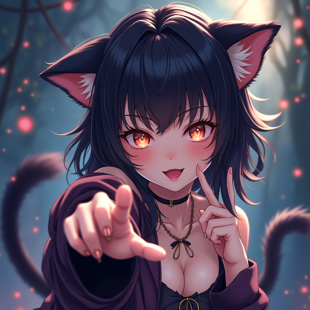 Anime Cat-Girl Beckons in Dreamlike Fantasy Realm