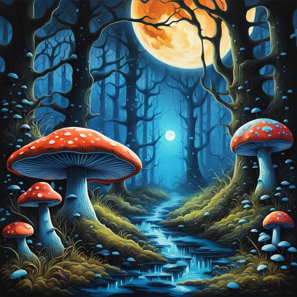 Luminescent Mushrooms in Moonlight: Graffiti Art Style