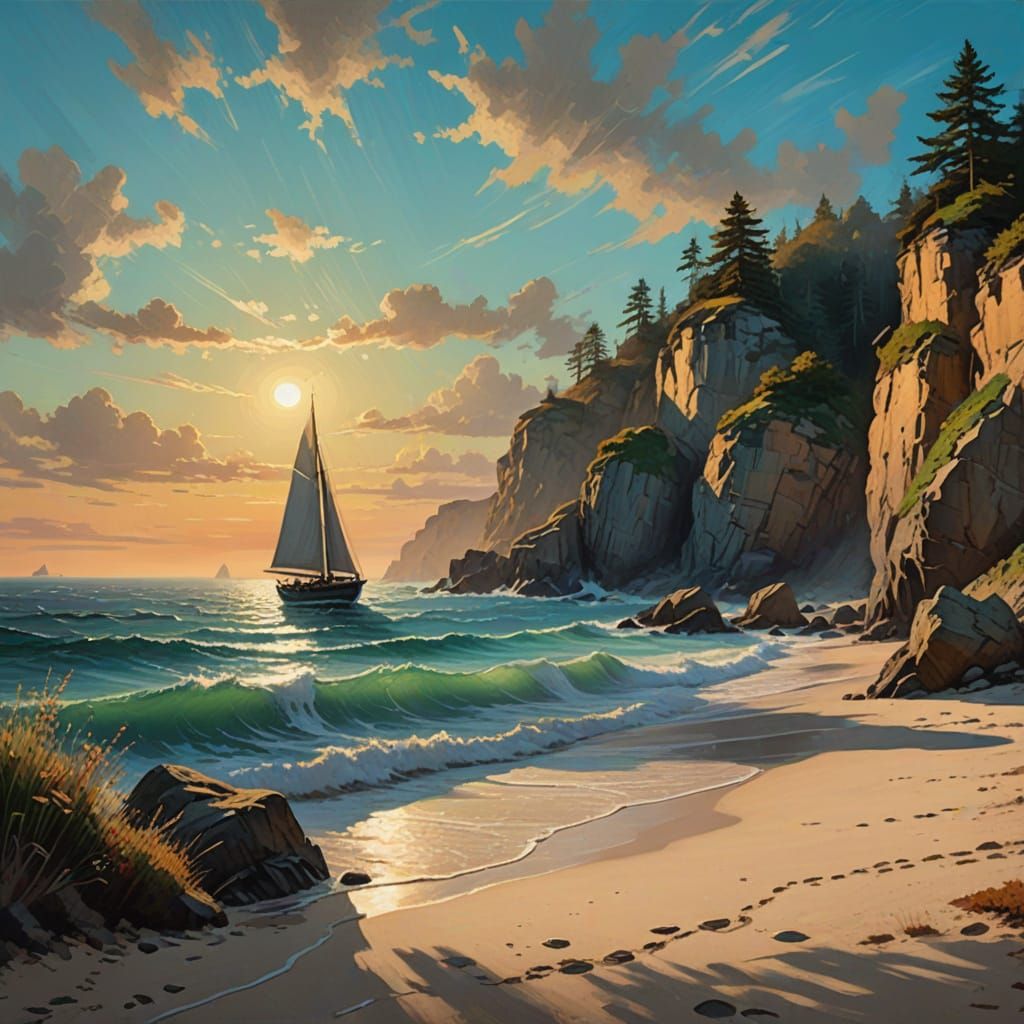 Secluded Beach at Sunset: A Photorealistic Coastal View