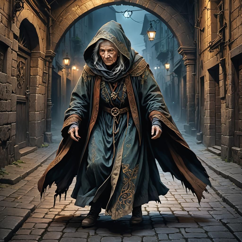 Scared Old Woman Hiding in Medieval Street