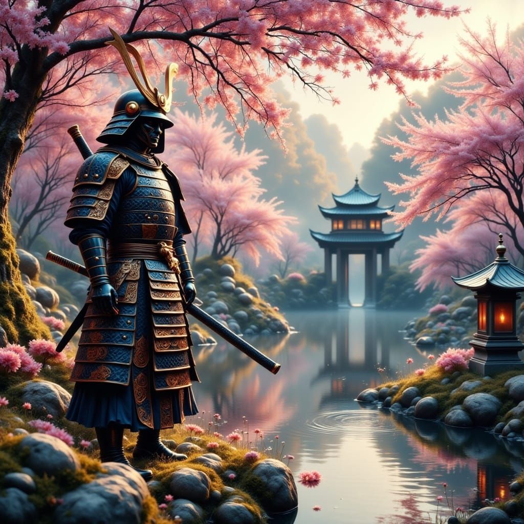 Serene Samurai in Cherry Blossom Sanctuary