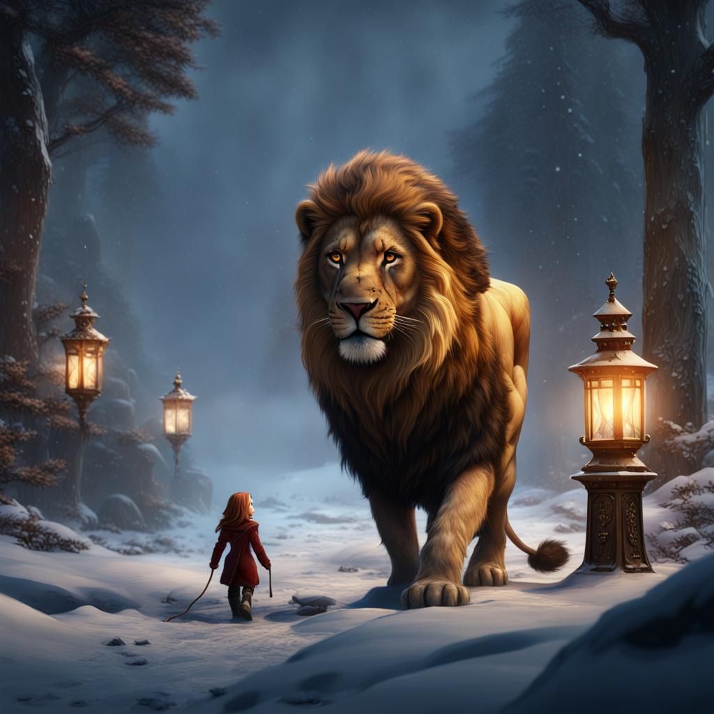 Aslan and Lucy in Snowy Landscape Painting
