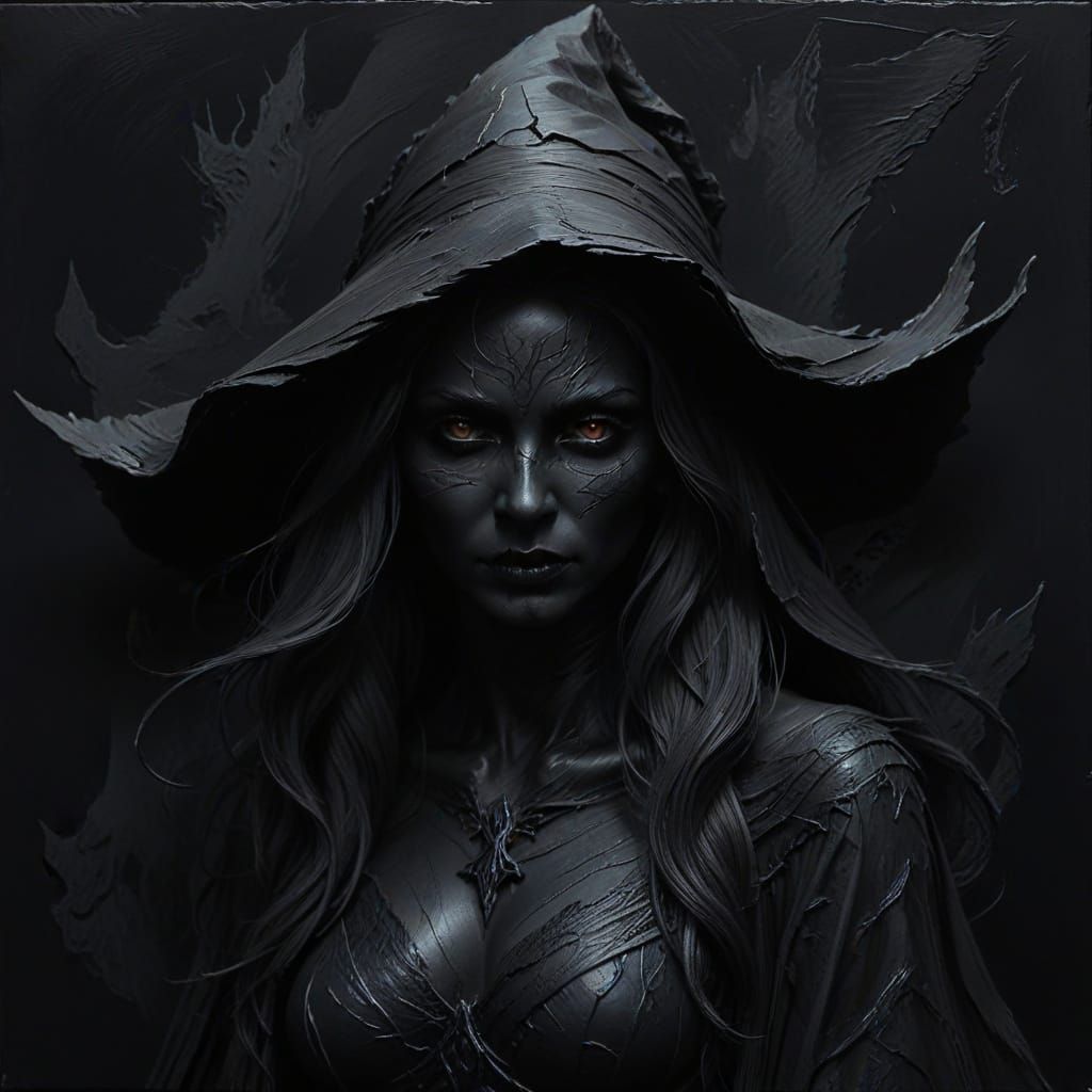 Vantablack Witch Charcoal Sketch in Minimalist Oil Paint Sty...