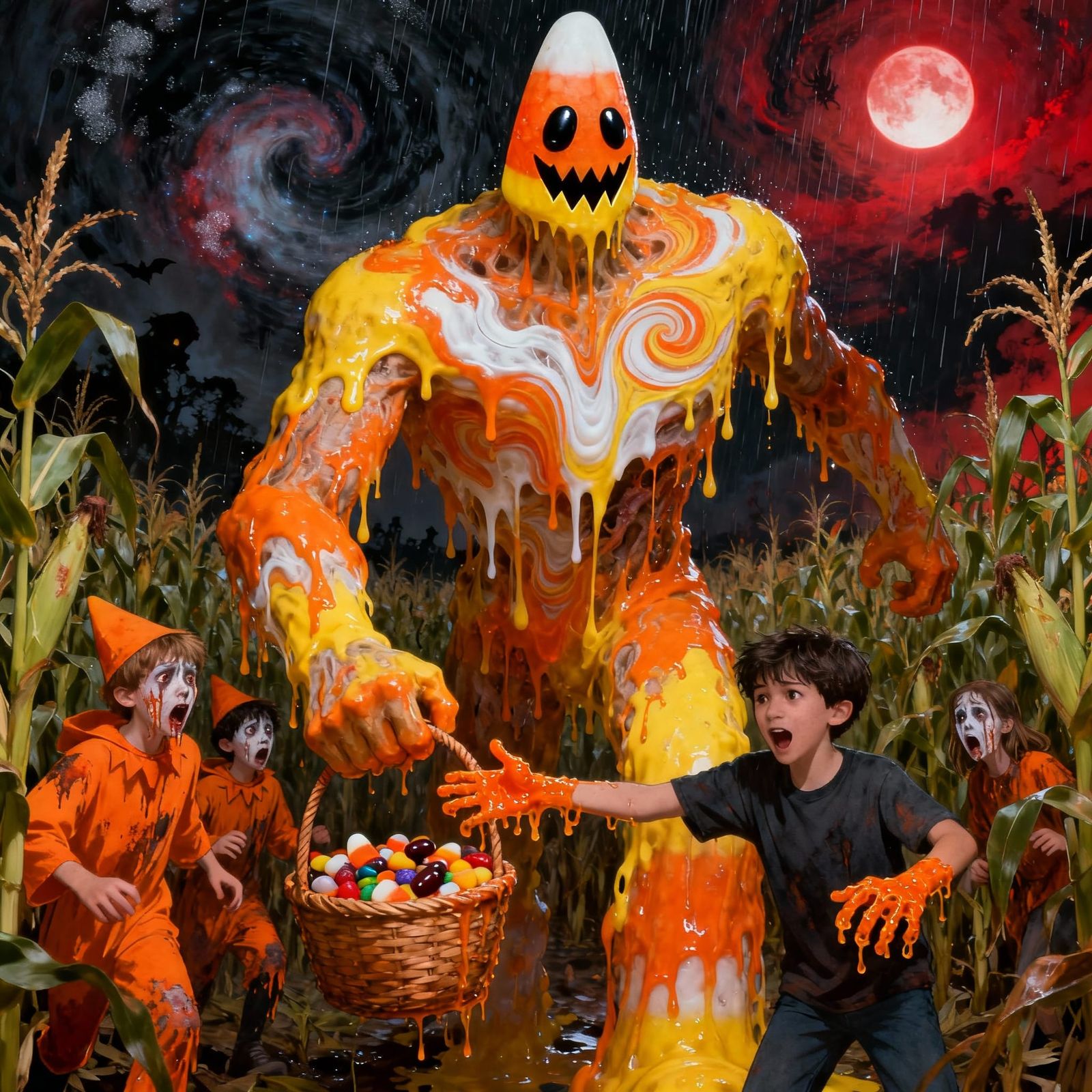 Whimsical Body Horror Golem Melts in Candy Corn Field