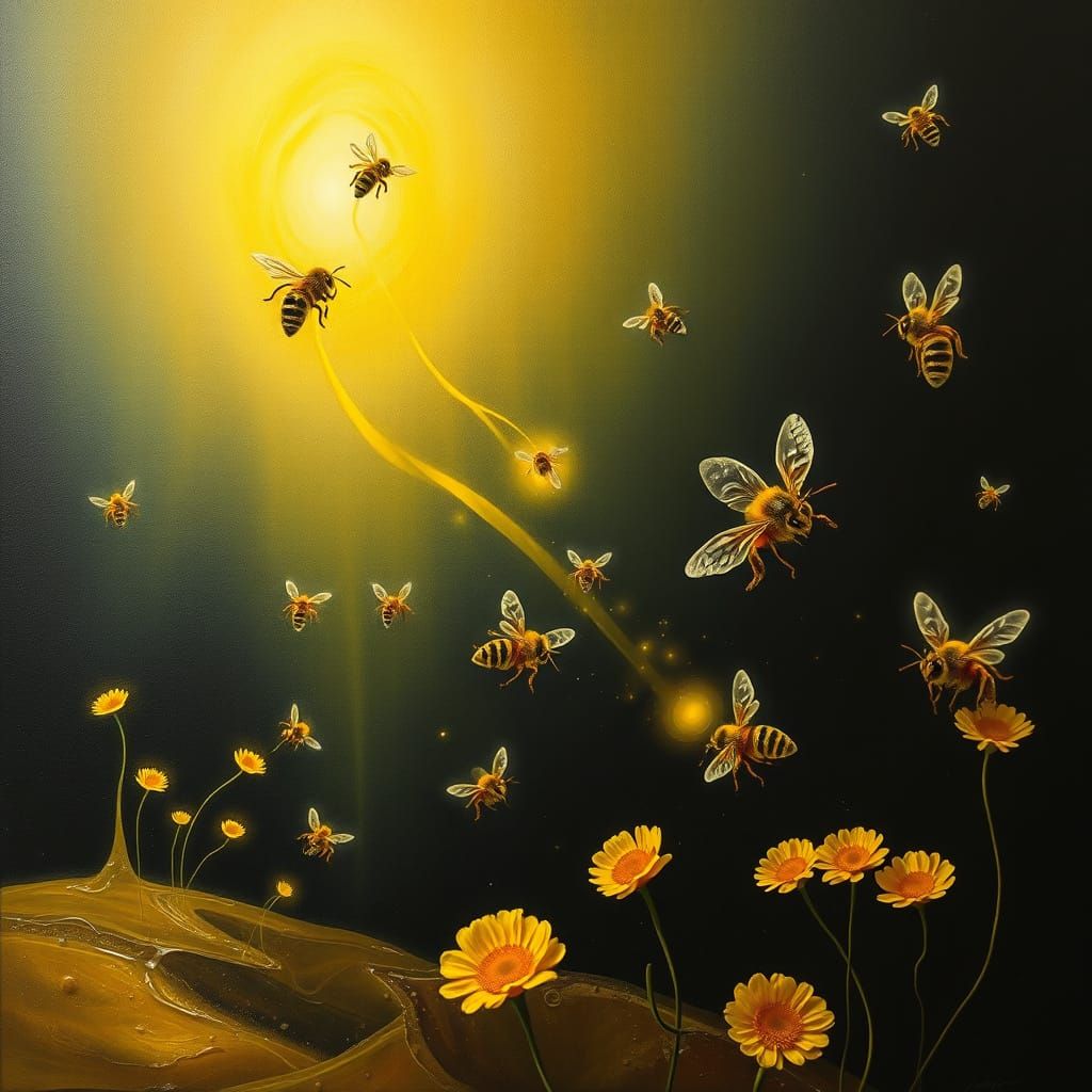 Surreal Bees Leave Glowing Trails in a Yellow Universe