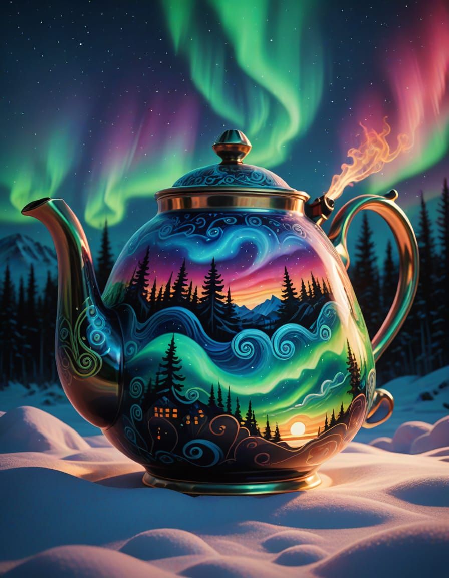 Colorful Teapot Under Northern Lights: Oil Painting