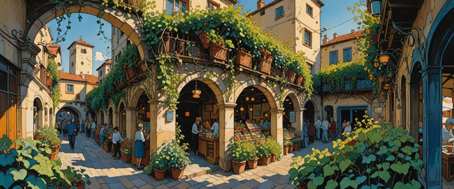 Bustling Market Under Open Sky: Watercolor Style