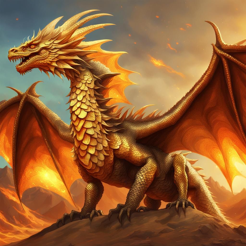 Golden Desert Dragon Breathes Fire, Fantasy Art