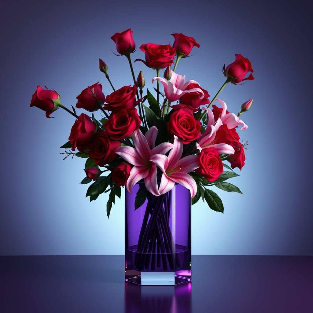 Majestic Floral Fantasy in Dark Purple Glass Vase