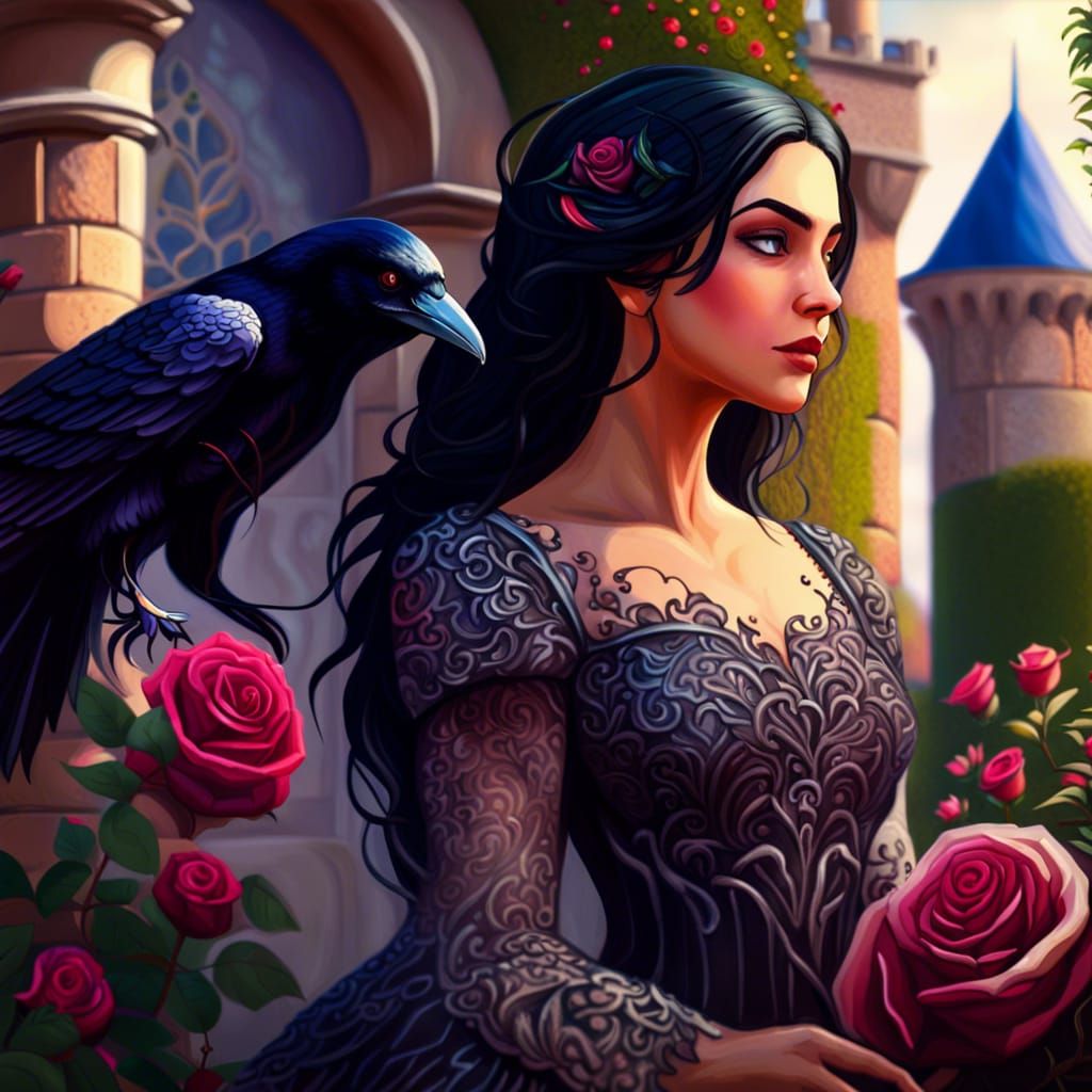 Beautiful Raven-Haired Princess in Rose Garden
