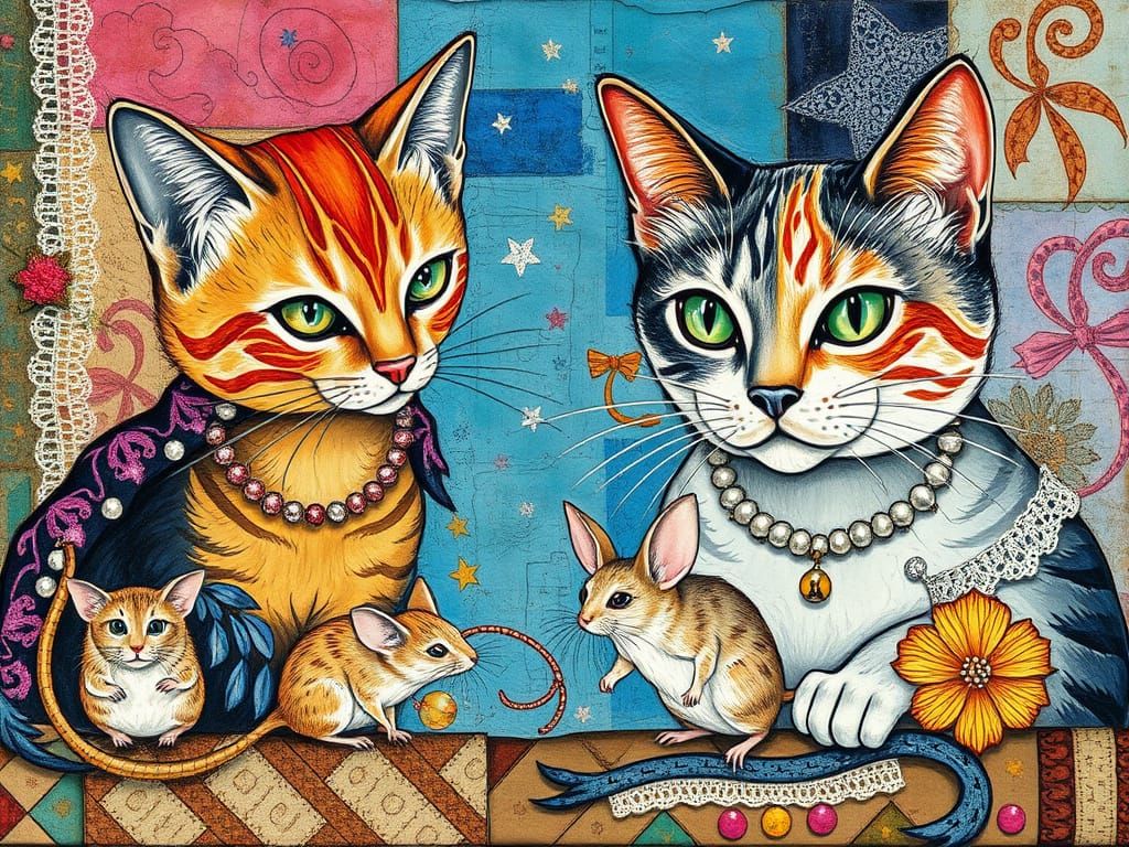 Whimsical Collage of Cats and Mice in Vibrant Mixed Media