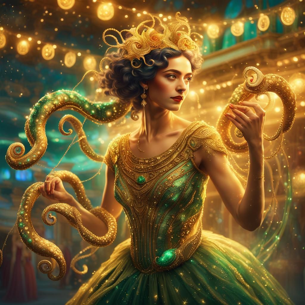 Greek Woman with Octopus in Whimsical Carnival