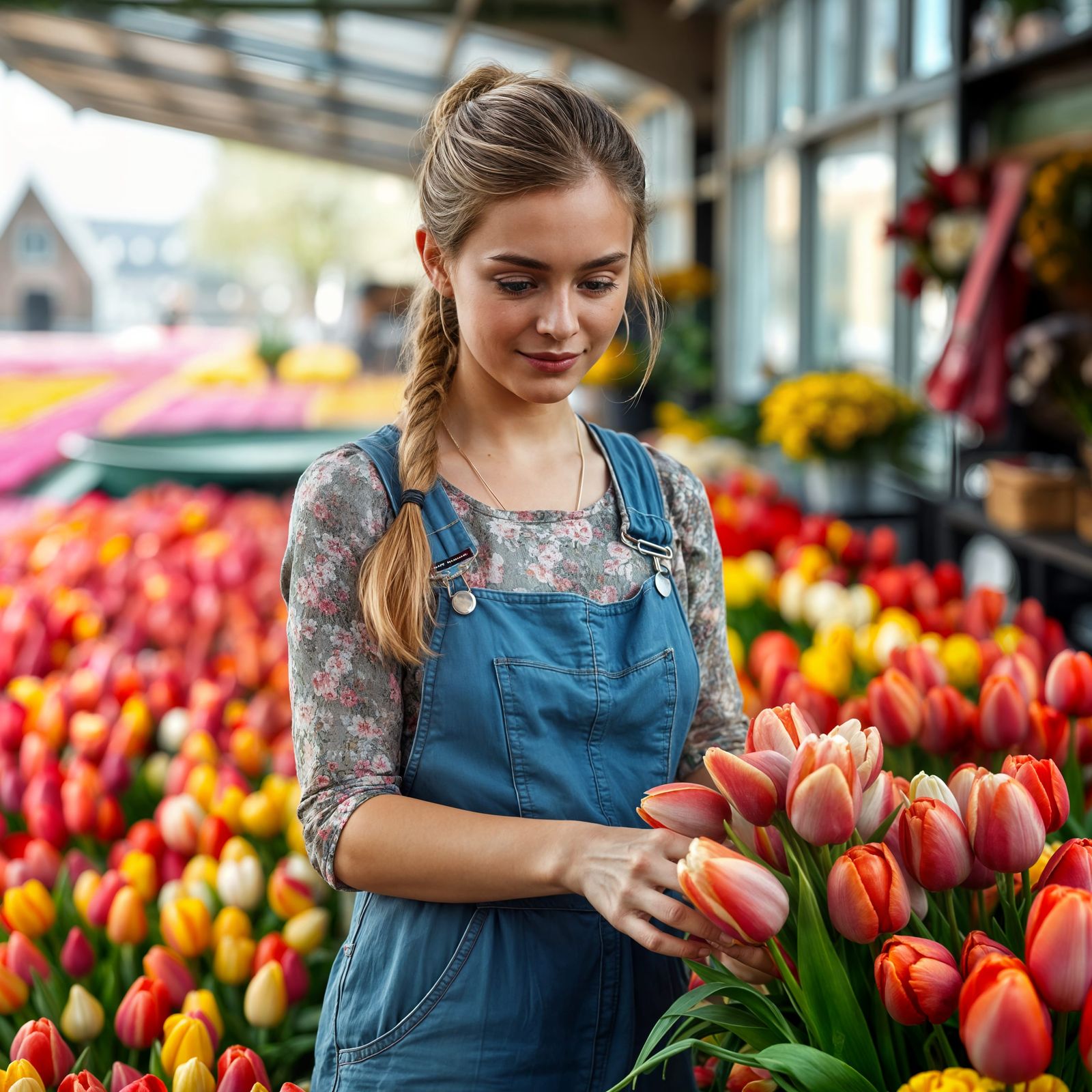 Dutch Woman in Vibrant Tulip Fields