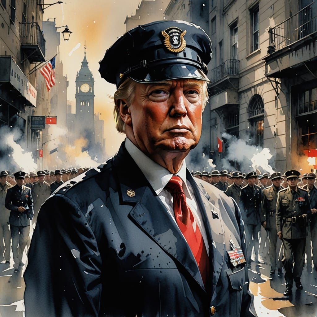 Watercolor Painting of Authoritarian Leader with Dollar Sign...