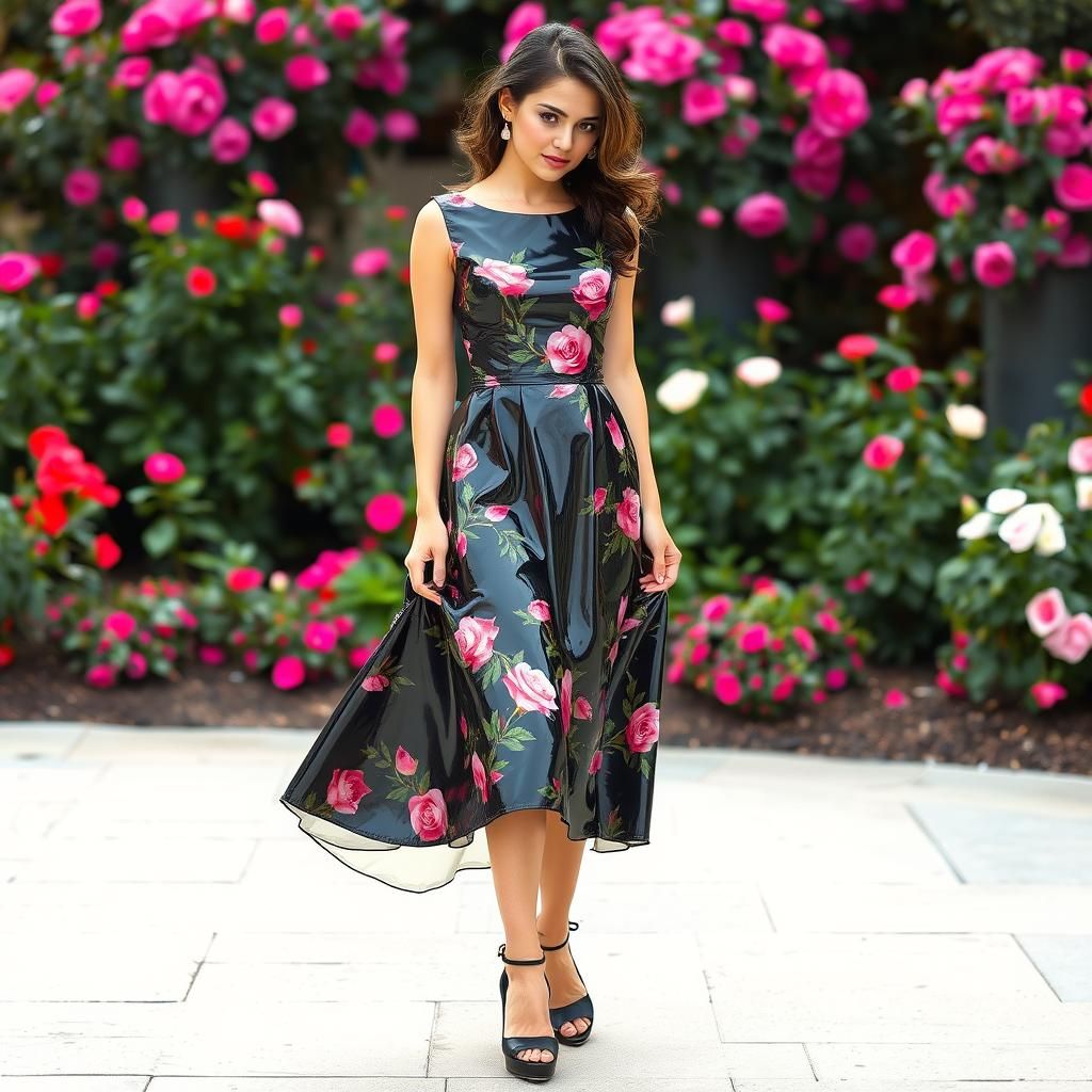 Woman in Floral Latex Dress in Rose Garden