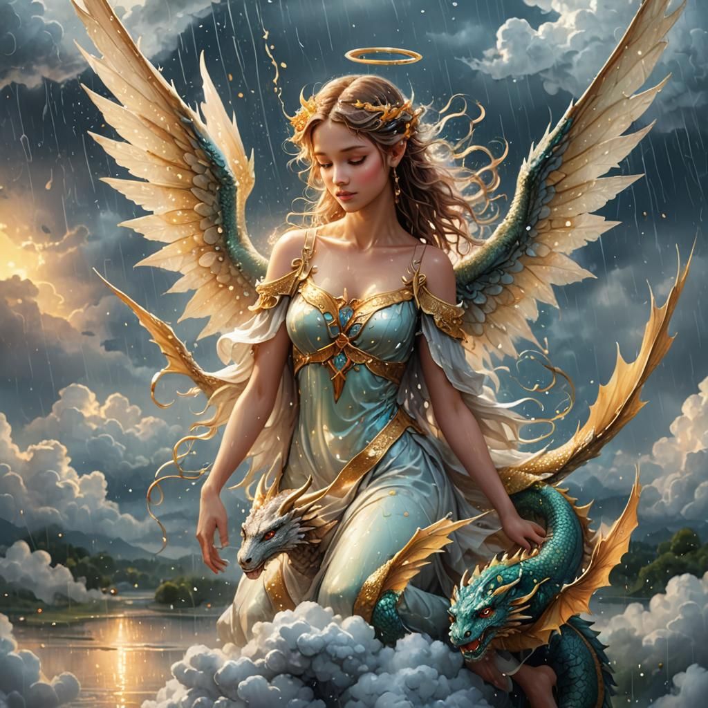 Fantasy Angel, Fairy, and Dragon in Rain, Airbrushed