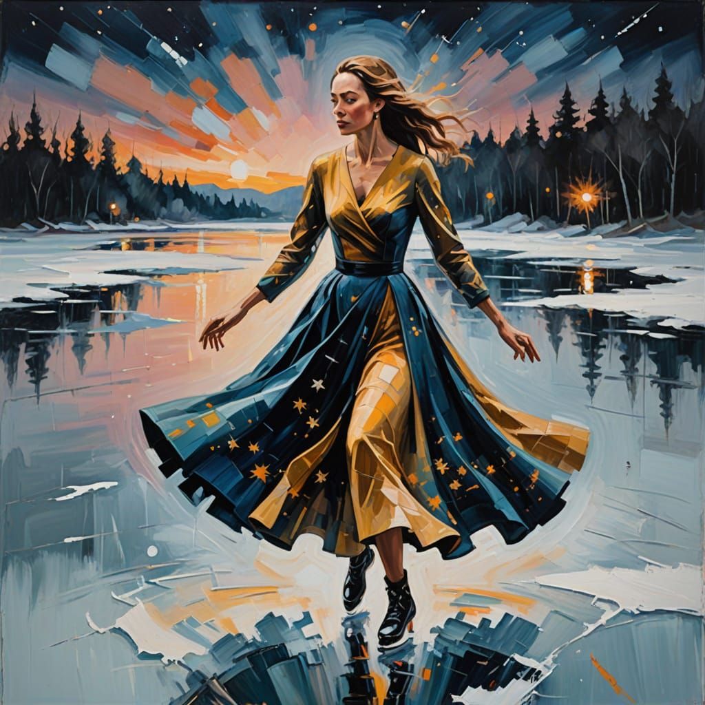 Abstract Expressionist Woman Ice Skating at Night