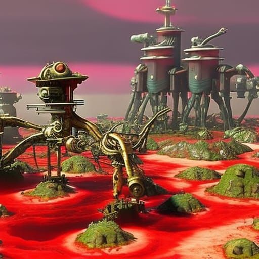 Steampunk Agriculture on Alien Planet with Red Water