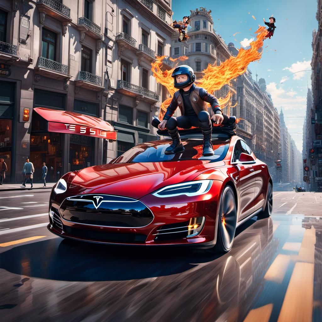 Astroboy Flies Tesla in Madrid: Digital Art