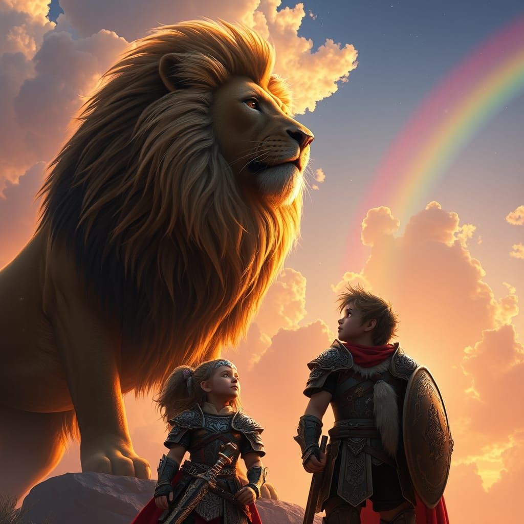 Lion Guardian Over Children in Fantasy Landscape