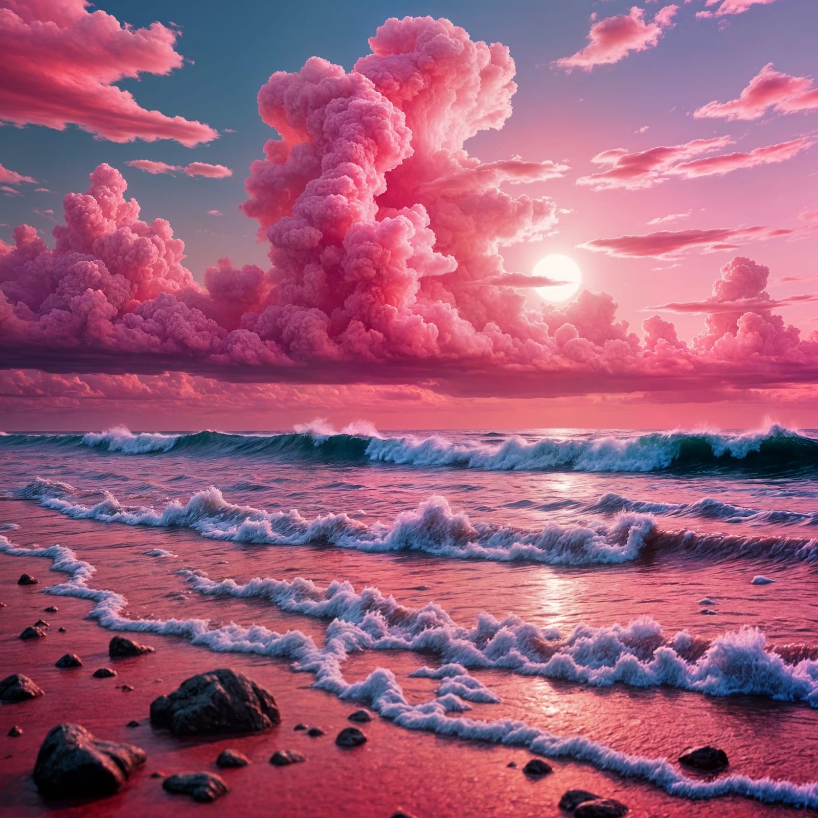 Pink Fiery Ocean in Hyperrealistic Style