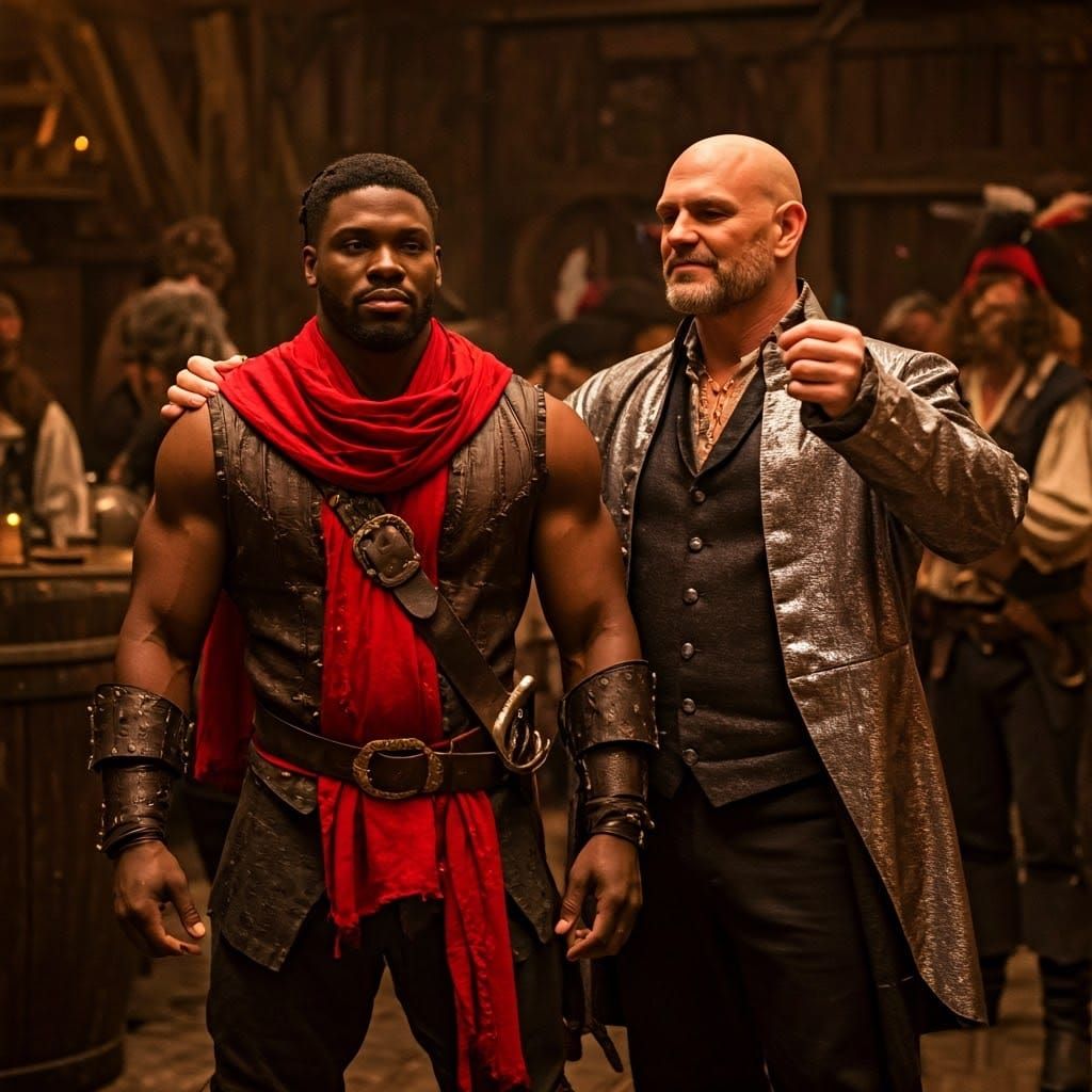 Pirate Trio in Scarlet Regalia Stand Proudly in Medieval Tav...