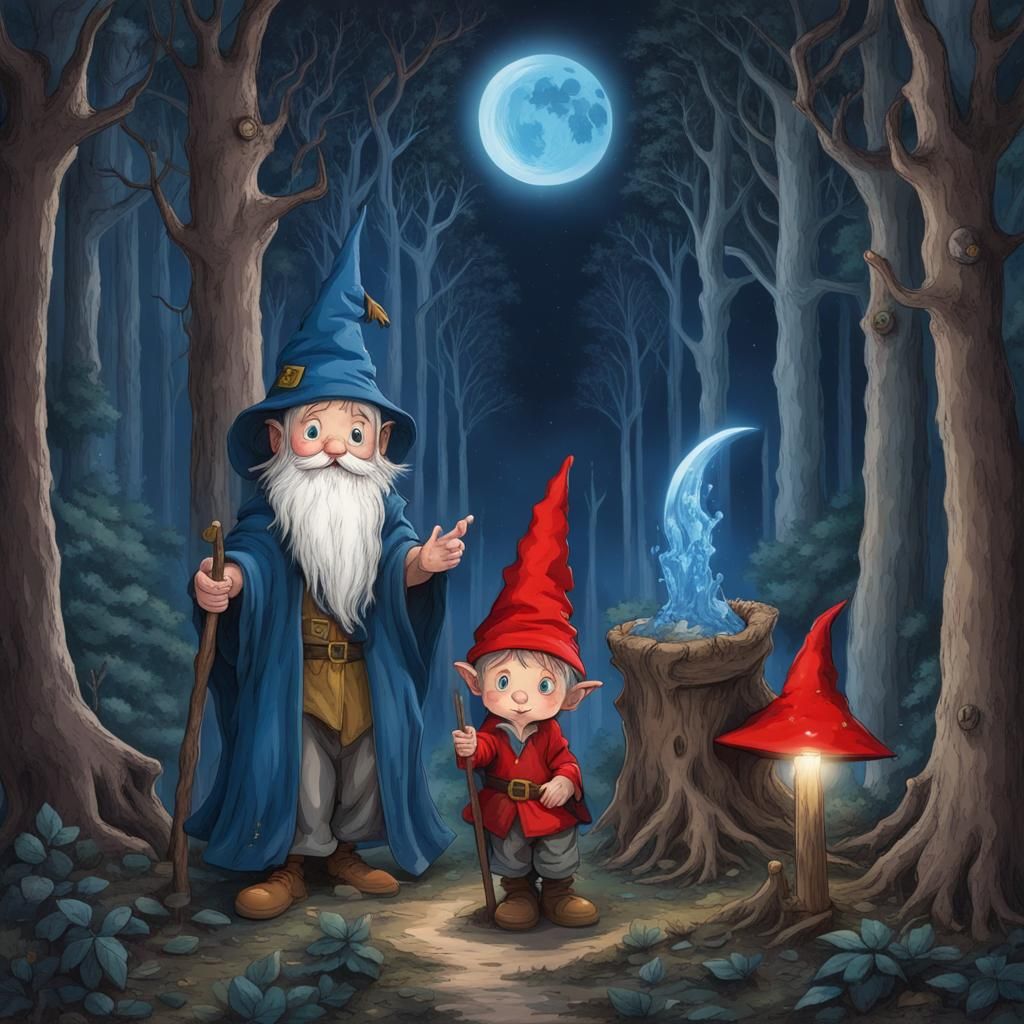 Gnome and Wizard in Enchanted Forest Under Red Moon